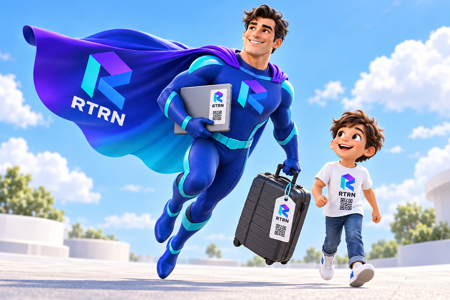 An original RTRN superhero flies low with a folded-R cape, a tagged laptop and suitcase, beside a smiling child wearing an RTRN QR T-shirt
