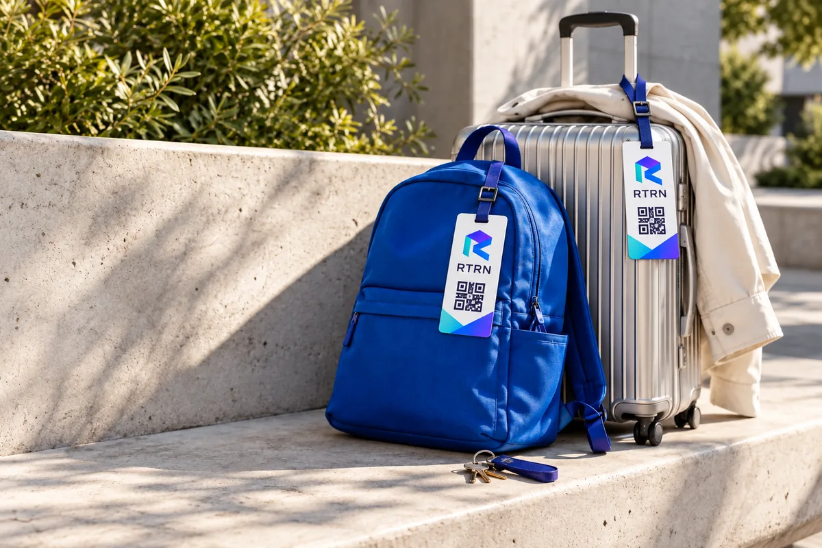 A blue backpack and silver suitcase, each with a clearly visible RTRN QR return tag